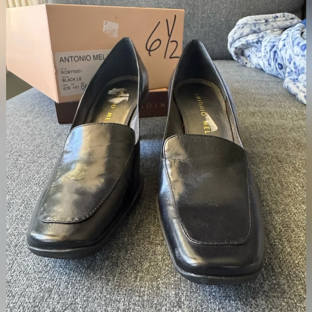 Antonio Melani Women’s Black Leather Kitten Heel Square Toe Pumps Shoes Size 6.5